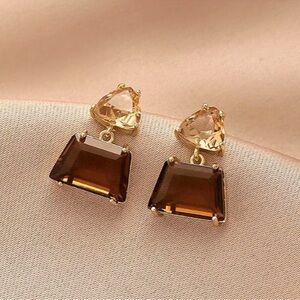 NEW 18k Gold Plated Dark Amber Crystal Geometric Minimalist Drop Earrings